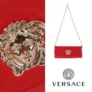 Versace Medusa Head Patent Chain Clutch Red